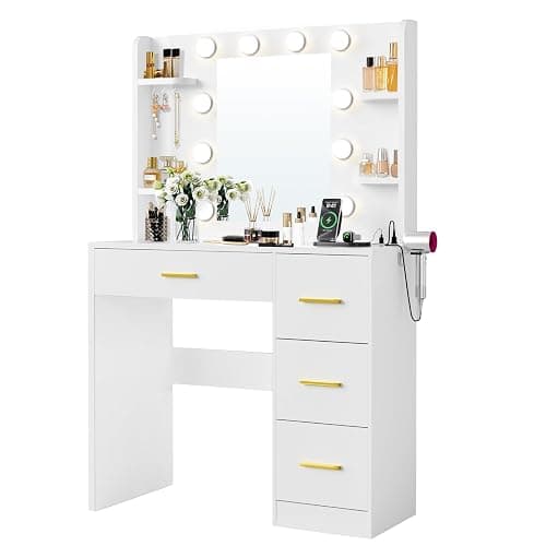 HABIUBIU 35” Small Vanity Desk with Mirror and Lights,10 Lights,3 Color Modes,Makeup Vanity Desk with 4 Storage Shelves 4 Drawers and Power Outlet,for Bedroom & Dressing Room,White vanitys thumbnail 7