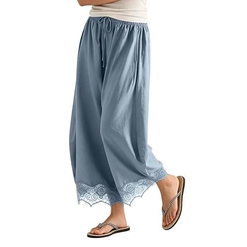 Womens Cropped Lace Trim Pants High Waisted Elastic Drawstring Wide Leg Trousers Casual Flowy Boho Pant with Pockets - Image 1