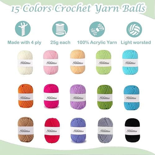 Knitiss Crochet Kits with Case, Beginner Crochet Set Includes 15 Yarn Skeins & 12 Ergonomic Crochet Hooks thumbnail 4