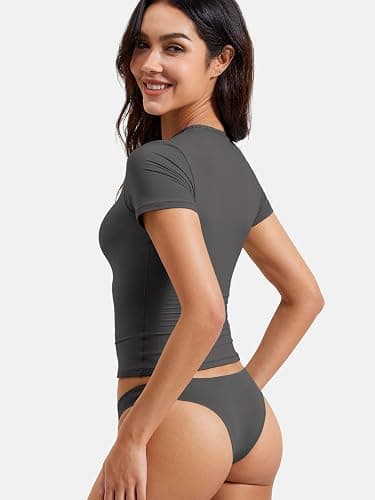 YEOREO Women Fitted Workout Tops Short Sleeve Double Lined Basic Y2K Going Out Crew Neck Compression Crop Top thumbnail 4