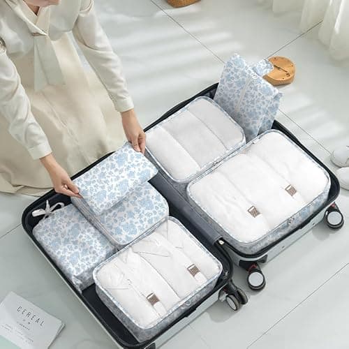 8 Set Packing Cubes for Suitcases,Packing Cube with Shoe, Cosmetics, Clothing, and Accessories Bags Packing Cubes for Travel Luggage Organizer Women Men(Blue Flowers) thumbnail 2