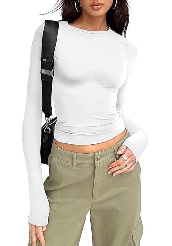 Long Sleeve Shirts for Women - Casual Y2K Printing Crop Tops Crewneck Slim Fit T-Shirt Tees - Image 1
