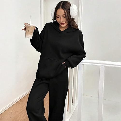 Sweatsuits Women 2 Piece Outfit Fleece Cute Oversized Hoodies Y2k High Waisted Baggy Wide Leg Sweatpants with Pockets thumbnail 4