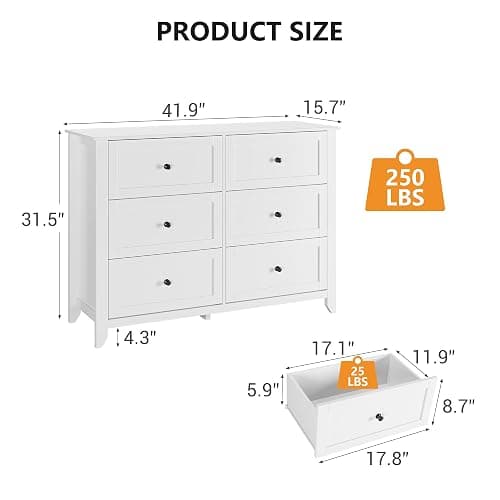 Garvee White 6 Chest of Drawer Dresser, Wood Storage Drawers Unit for Bedroom, Modern Organizer Storage Cabinet for Living Room, Entryway, Hallway thumbnail 2