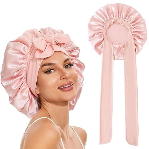 GUGUGO Seidenhaube zum Schlafen, Silk Bonnet, Verstellbare Seidenhaube, Schlafhaube Seide, Schlafmütze Damen, Satin Haube Schlafen, Silk Sleeping Cap, Seidenhaube zum Schlafen Locken, Sakura Rosa - Image 1