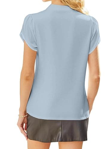 Avanova Women Short Sleeve Blouses Tie Neck Petal Tulip Sleeve Tops Work Business Shirts thumbnail 2