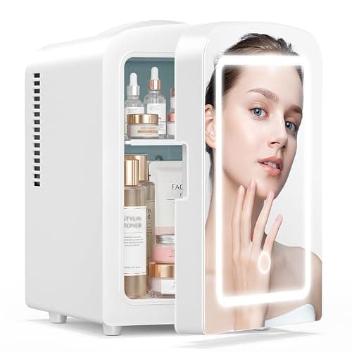 Xbeauty 4L Mini Skincare Fridge With Dimmable LED Mirror | Mini Makeup Fridge for SkinCare, Cosmetics, Food & Drinks, Portable Small Refrigerator for Bedroom, Dorm, Car, Office, White - Image 1