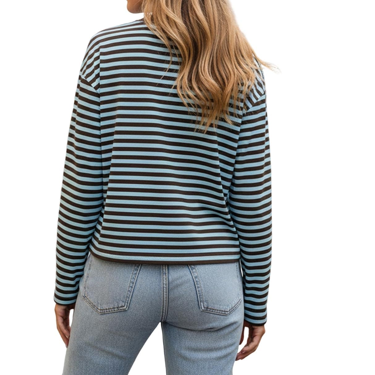 Women Oversized Striped Long Sleeve Shirt Y2k Crewneck Drop Shoulder Cropped Tees Teen Girls Baggy Sweatshirt thumbnail 5