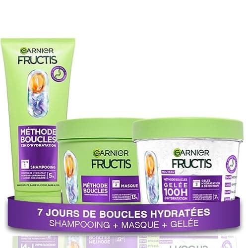 Garnier Fructis Méthode Boucles Routine 3 Produits Cheveux Bouclés | Acide hyaluronique & karité, Hydratation 72h, Shampooing masque gelée, Tenue flexible longue durée - Image 1
