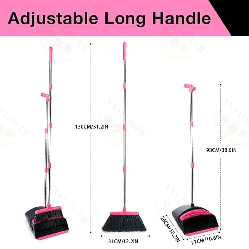 XXFLOWER Broom and Dustpan Set, Long Handle Lightweight Dustpans with Broom Combo for Home, Indoor&Outdoor Sweeping for Home Room Kitchen Office Lobby (Black Pink) thumbnail 3