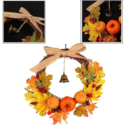 Ahornblatt Herbst Kranz, Halloween Kranz, Kürbis Herbst Kranz, Künstlicher Herbst Haustür Kranz für Drinnen Draußen, Hochzeit Erntedankfest Abendessen Party Kamin Weihnachts Dekoration thumbnail 5