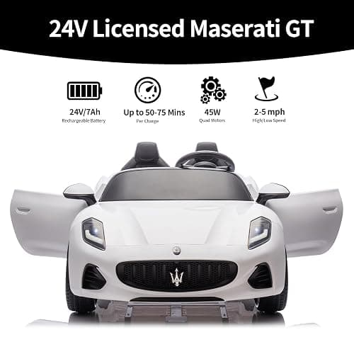 24V Maserati Licensed 2-Seater Kids Electric Ride-On Car, Dual-Speed Modes, Adjustable Seat Belts, Music & Bluetooth, 4 Motors for Powerful Performance, Ideal Gift for Ages 4-8 (White) thumbnail 3