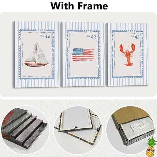 Blue Beach Stamp Set of 3 Canvas Poster Coastal Granddaughter Room Wall Art Decor Fisherman Preppy Aesthetic Prints Artwork for Girly Dorm Apartment Ocean Home Decoration 12x18inch Framed thumbnail 8