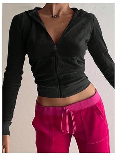 SOLY HUX Women's Zip Up Cropped Hoodies Sweatshirt Long Sleeve Casual Velvet Jacket with Pockets thumbnail 3