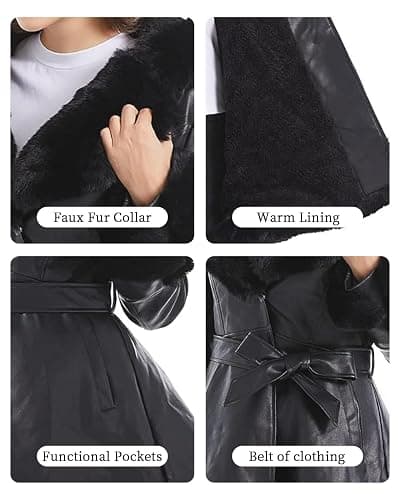 GRAN ORIENTE Women's Faux Leather Jacket with Faux Fur Collar, Winter Long Sleeve Furry Trim Peplum Parka Coat with Belt thumbnail 4