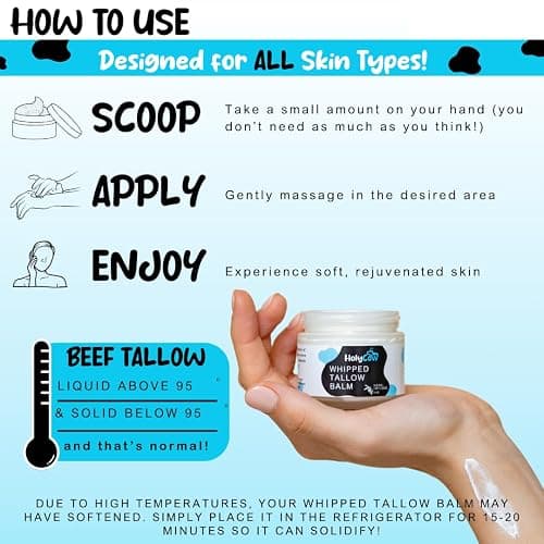 HolyCow 100% Grass Fed Beef Tallow For Skin - Whipped Tallow Balm with Organic Jojoba Oil (Unscented/Herb-Infused), Grass Fed Beef Tallow Face Moisturizer for Eczema, Baby, Lip Balm thumbnail 6