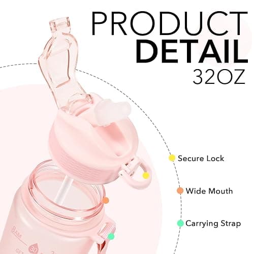 Hyeta Plastic Water Bottle With Straw & Time Marker, 32oz Leakproof Jug | Motivational Tritan BPA Free Gym Office Outdoor Intake Tracker Hourly Reminder Straw Lid Lightweight thumbnail 4