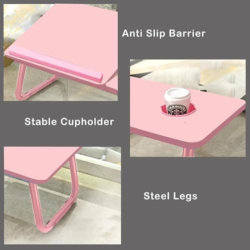 KKTECH Laptop Tray with Adjustable Angle, Space-Saving Bed Table with Foldable Legs, Cup Slot, Book Holder, Reading Stand, Versatile Laptop Table for Bed Use (PINK) thumbnail 5