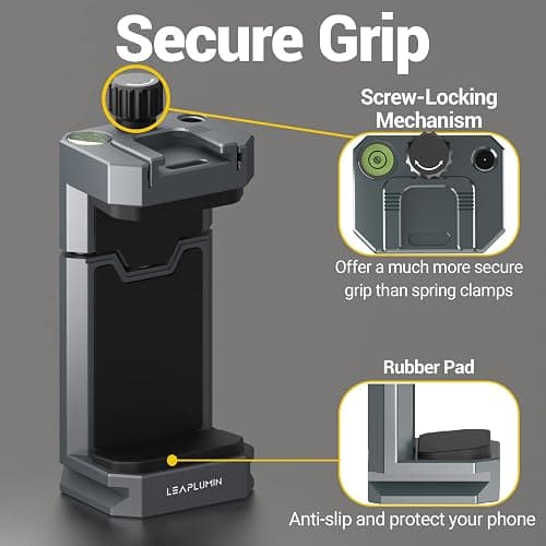 Leaplumin Aluminum Phone Mount for Tripod, Adjustable Phone Tripod Mount with Cold Shoe & Arca Swiss Quick Release Plate,Universal Adjustable Clamp Suitable for iPhone 14 pro/13 Pro/12/11/Samsung thumbnail 3