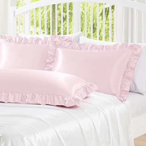 Homiest Ruffle Satin Pillowcase for Hair and Skin, Standard Size Satin Pillow Covers Silky Pillow Cases Set of 2, Satin Ruffled Pillowcase with Envelope Closure, Anti Wrinkle Pillow Shams (Blush Pink) thumbnail 4
