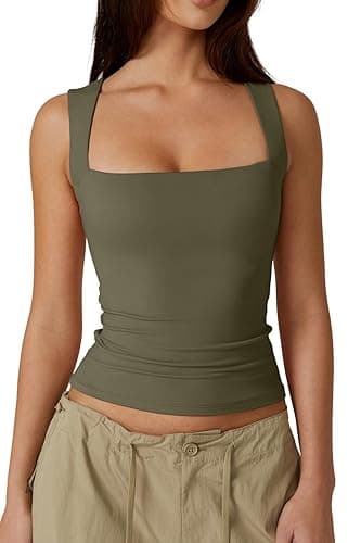 QINSEN Women's Square Neck Sleeveless Double-Layer Tank Tops Basic Tight T Shirts - Image 1
