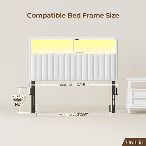 Rolanstar Headboard for Twin Size Bed with Storage, Head Board with USB & Type C Port, 60,000 DIY Color of LED Light, Velvet Upholstered, Height Adjustable, Sturdy, Easy Assembly, White thumbnail 8