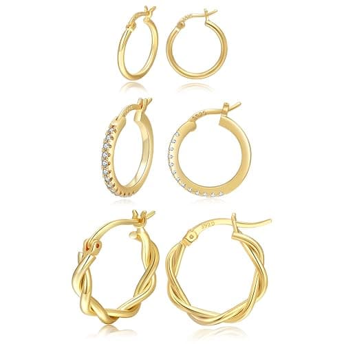 PABBEU Gold Hoop Earrings for Women Sterling Silver Post Small Gold Hoop Earrings 14k Real Gold Tiny Hypoallergenic Small Hoop Earrings Set for Women Men 13/15 /20mm - Image 1