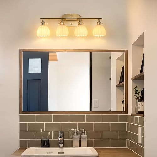 Shenmoyl Bathroom Light Fixtures, 4-Light Brass Vanity wall Light Over Mirror with White Tulip Glass Shade for Bedroom Living Room (Bulb Not Included) thumbnail 5