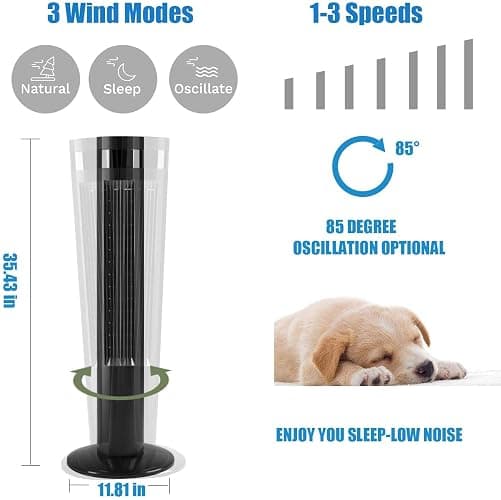 Antarctic Star Tower Fan Portable Electric Oscillating Fan Quiet Cooling Remote Control Standing Bladeless Floor Fans 3 Speeds Wind Modes Timer Bedroom Office (36 inch, Black) | Quiet Cooling Remote Control Standing Bladeless 3 Speeds Wind Modes Timer for Bedroom Office thumbnail 3