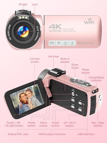 4K Video Camera Camcorder,UHD 56MP Camera Recorder,WiFi Vlogging Cameras for YouTube with IR Night Vision,18X Digital Zoom 3.0''Touch Screen Cam Corder with 64GB Card,Remote Control,Webcam,Pink thumbnail 7