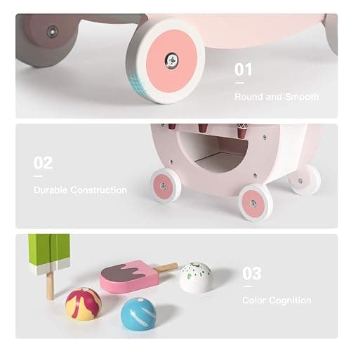ROBUD Wooden Ice Cream Cart Toys for Kids, Toddlers Pretend Play Food Truck, Gift for Girls and Boys 3 Years & Up, Pink thumbnail 2