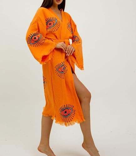 CYC Atelier 100% Turkish Cotton Evil Eye Kimono Robe – Hand Printed Caftan Beach Cover Up – Boho Festival Kimono for Women thumbnail 6