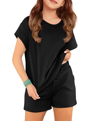 APWEQATA Girls Two Piece Sets Short Sleeve Tshirts and Drawstring Shorts With Pockets Summer Outfits Size 6-14 thumbnail 2