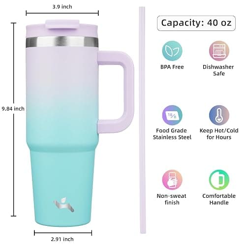 Konokyo 40 oz Tumbler with Handle and 2 Straws,2 in 1 Lid Insulated Water Bottle Stainless Steel Travel Coffee Mug,Lavender Green thumbnail 3