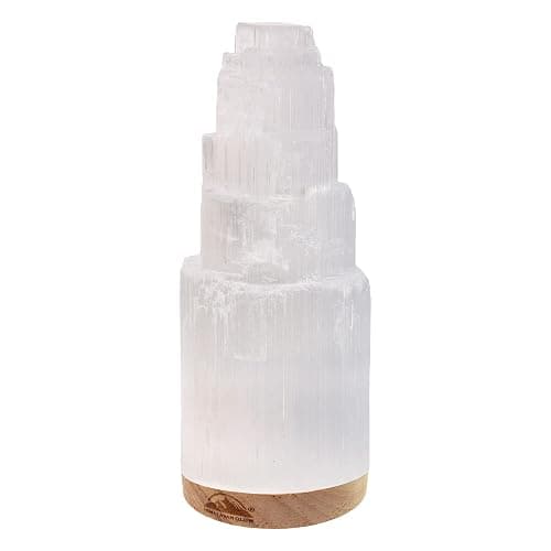 Himalayan Glow Selenite Crystal Lamp 20cm, Hand Curved Morocco |Skyscraper| Crystals and Healing Stones,(ETL Certified) with Wooden Base & USB Charging Cable For Healing Cleansing & Meditation - Image 1