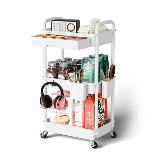 Sorgion 3 Tier Rolling Cart Organizer,Laundry Room Bathroom Organizers and Storage Office Shelves Mobile Shelving Unit Kitchen Trolley Cart with Wheels for Art,Craft,Diaper,Bedside,Snack(White) - Image 1