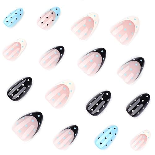 24PCS Soft Gel Press On Nails Almond Polka Dot Nude Blue Black Glossy, Reusable Glue On Fake Nails Acrylic Look False Nails for Women thumbnail 3