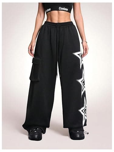 BEAUDRM Women's Y2k Baggy Sweatpants Star Print Drawstring Elastic Waist Baggy Pants Wide Leg Fleece Lined Cargo Sweatpants thumbnail 3