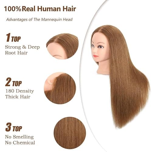 ZOMOI Mannequin Head 100% Human Hair,Hairdresser Cosmetology Mannequin Doll Head Practice Braiding Head with Free Clamp (27#Light Brown) thumbnail 2