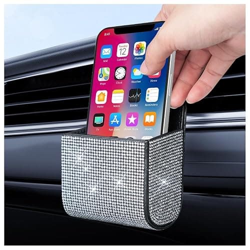 Salior Rhinestone Vent Storage Organizer, Leather Pocket, Bling Accessories for Women or Man, Multipurpose Sunglass and Coin Holder for Car Decorations, Black - Image 1