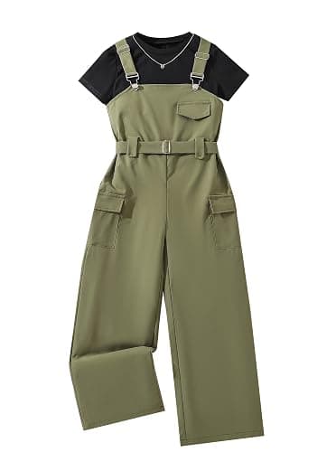 Hilinker Girl's 2 Piece Outfits Overalls Short Sleeve Top and Cargo Jumpsuit Set with Pockets 7-14 Years - Image 1