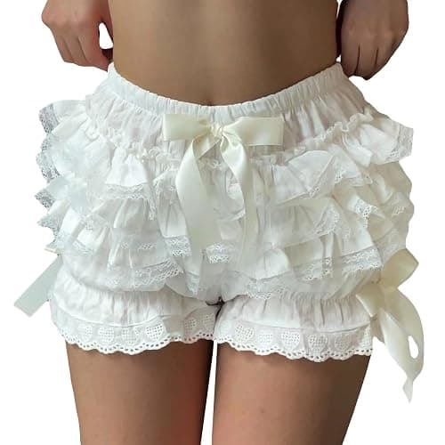 Acrawnni Y2k Damen-Shorts, Lolita, mehrlagige Pumphose, süße Rüschen, Spitzenbesatz, Kürbishose, elastische Taille, Mini-Shorts, Unterwäsche thumbnail 2