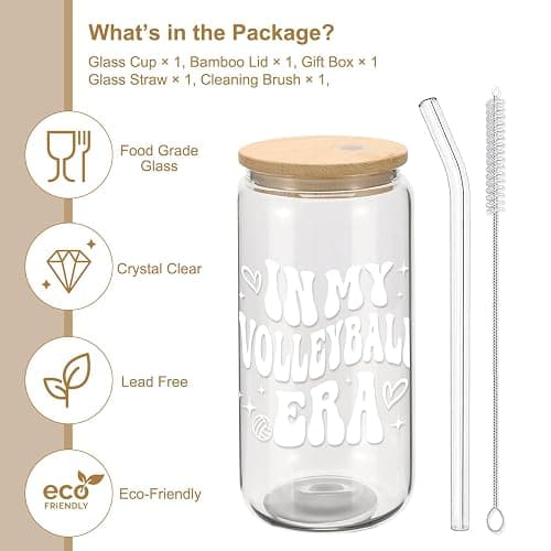 Mikopei Volleyball Gifts for Teen Girls - Cute Glass Cups with Lids and Straws, In My Volleyball Era Accessories Stuff Things Water Bottle for Women Team, Iced Coffee Cup, 16 oz Visit the Store thumbnail 3