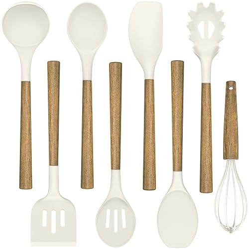 Non-Stick Silicone Kitchen Utensils Set with Natural Acacia Hard Wood Handle, Umite Chef 8 Pieces Kitchen Spatulas set, White, BPA Free, Baking, Serving and Cooking Utensils - White - Image 1