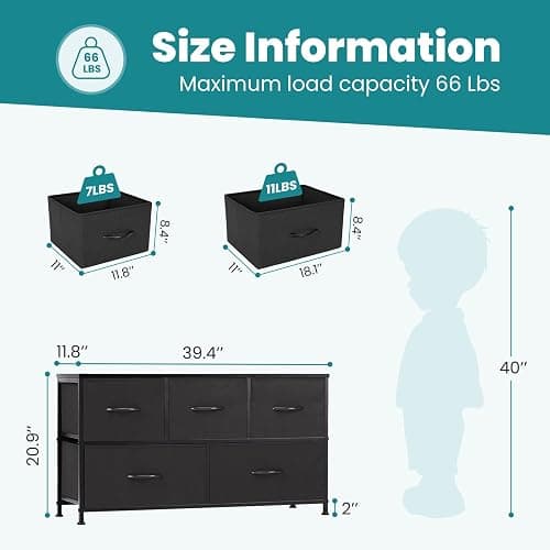 OLIXIS Dresser for Bedroom with 5 Drawers, Wide Chest of Drawers, Fabric Bedroom Dresser with Drawer Organizer, Storage Organizer Unit with Fabric Bins for Closet, Living Room, Hallway, Classic Black - Classic Black - 11.9"D x 38"W x 20.9"H (5 Drawers) thumbnail 3
