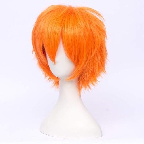 LABEAUTÉ Short Bright Orange Anime Cosplay Wig Male Men Anime Layered Unisex Heat Resistant Hair Wig with Bangs for Party and Halloween for Gift + Free Cap thumbnail 6