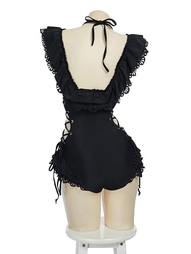 MEOWCOS Women One Piece Swimsuits Retro Victorian Style Swimsuit Gothic Halter Bathing Suit thumbnail 2