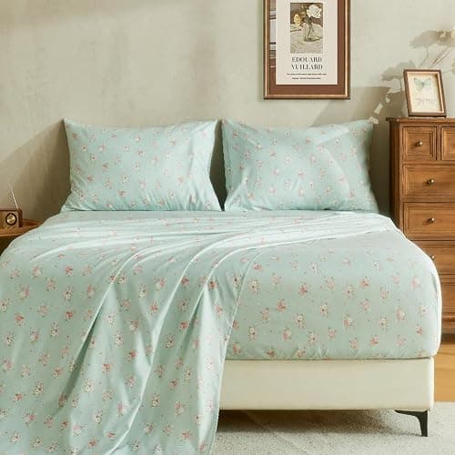 HYPREST Mint Floral Sheets Queen Size, Deep Pocket Sheets Soft Breathable Farmhouse 4pcs Bed Sheet Sets - Image 1