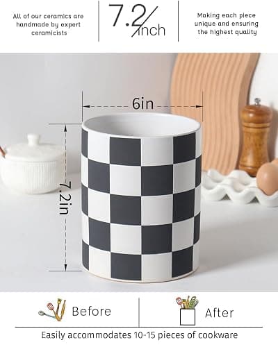 Swkien Utensil Holder，7.2 Inch Checkered Utensil Holder, Ceramic Cooking Utensil Spoon/Spatula Holder for Countertop, Kitchen Decor and Accessories for counte(Black) thumbnail 3
