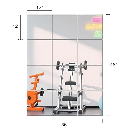 Ruomeng Home Gym Mirrors 12 Inch x 12Pcs Wall Mounted Mirror Glass Frameless Full Length Mirror Tiles for Home Gym, Bedroom, Door & Bathroom thumbnail 2